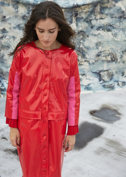 red vinyl raincoat